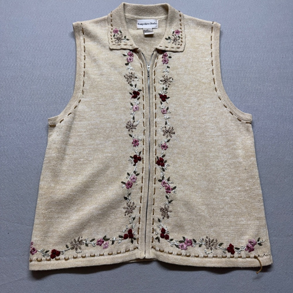 Hampshire Studio Floral Embroidered Zip Front Sweater Vest Beige XL Cottagecore